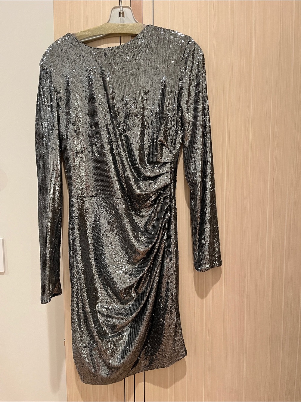 Silver Sequin Draped Long-Sleeve Party Dress